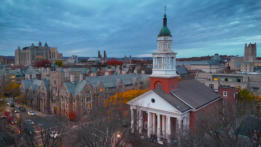 Elevated view of New Haven, Connecticut showing classic church architecture and Yale University buildings—perfect for travel, history, or education themes