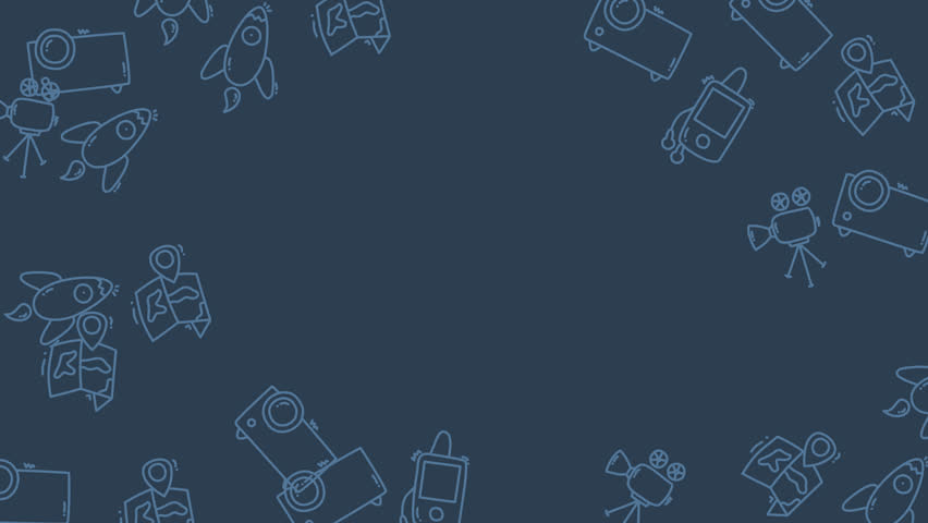 A collection of stylized blue line art drawings of robots and various gadgets scattered across a dark blue background, creating a modern and tech-inspired visual.