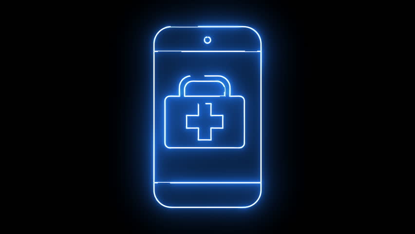 Blue neon phone with a medical kit icon on screen against a black background
