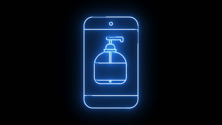 A neon blue phone displaying a hand sanitizer bottle outline stands out against a black background