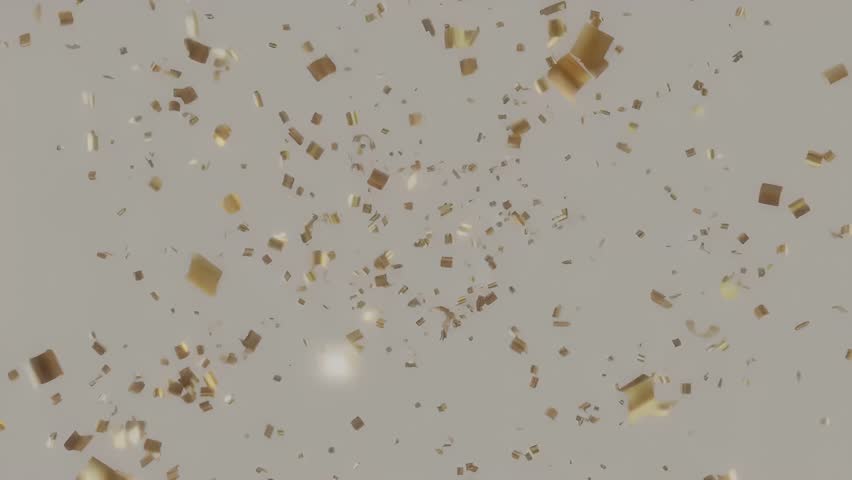 Golden confetti falling against a light grey backdrop for celebration events footage.
