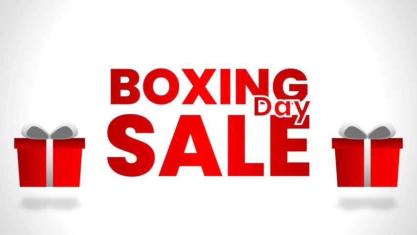 Boxing Day Sale Animated Title Card with Gift Boxes. Holiday Shopping Promotion, Discount Advertising, After Christmas Deals.