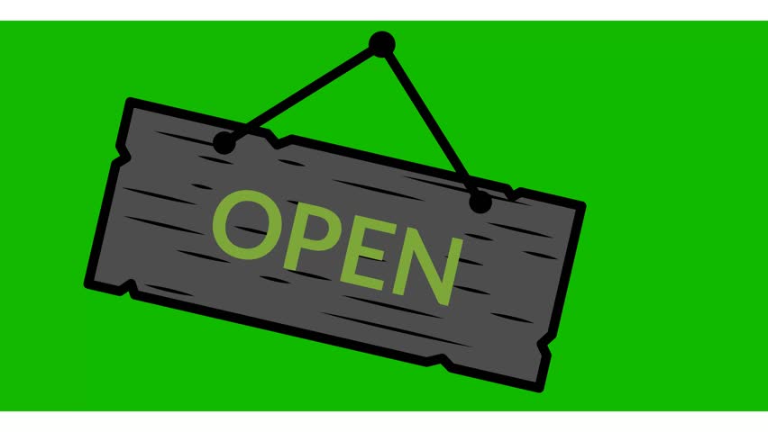Footage open store sign icon on a green screen background. Animation of signboard open store for shop on green background. Open signboard store animation. Open sign hanging door store shop