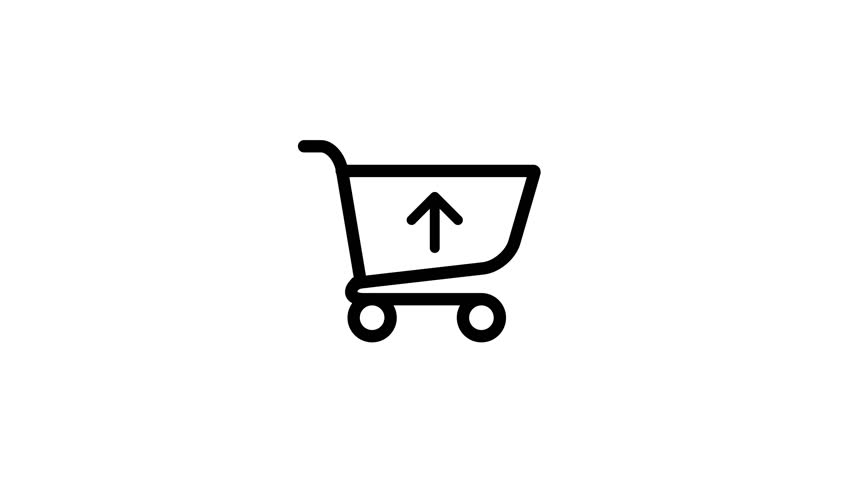 A simple looping animation of a black line art shopping cart icon with an upward arrow. Ideal for e-commerce websites and online shopping concepts.