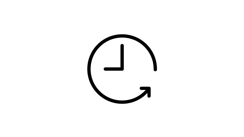 A simple, clean, looping animation of a clock icon with moving hands and a circular arrow, representing time, history, and schedules on a white background.