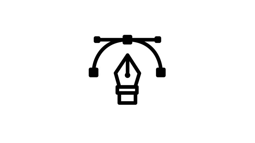 Animated pen tool icon for graphic design and vector illustration concepts. Simple black line art on a white background.