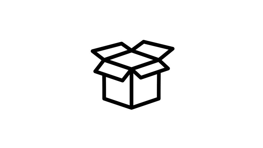 A minimalist black line art icon of an open package or cardboard box, isolated on a clean white background. Ideal for shipping and delivery concepts.