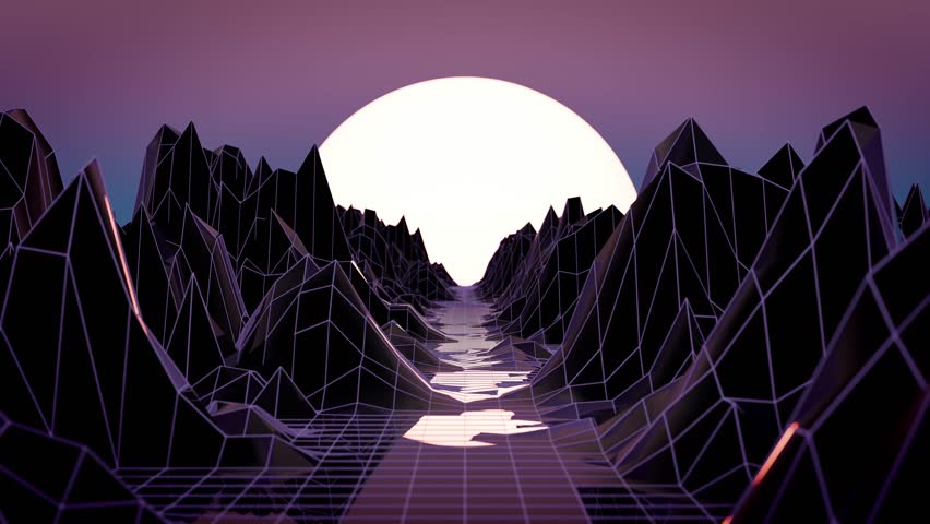 Seamless loop background with dark valley of low poly angular mountains illuminated by a glowing sun. Landscape animation with bright sunset in retro futuristic synthwave style. 3D render , 4K 60 fps