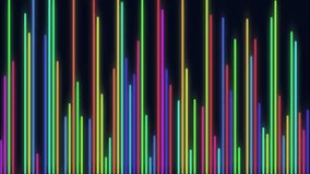 A dynamic audio spectrum analyzer loop with vertical neon lines of various bright colors moving up and down on a black background, perfect for music and technology-related projects. - Powered by Shutterstock - Get 15% off with code: PIKWIZARD15