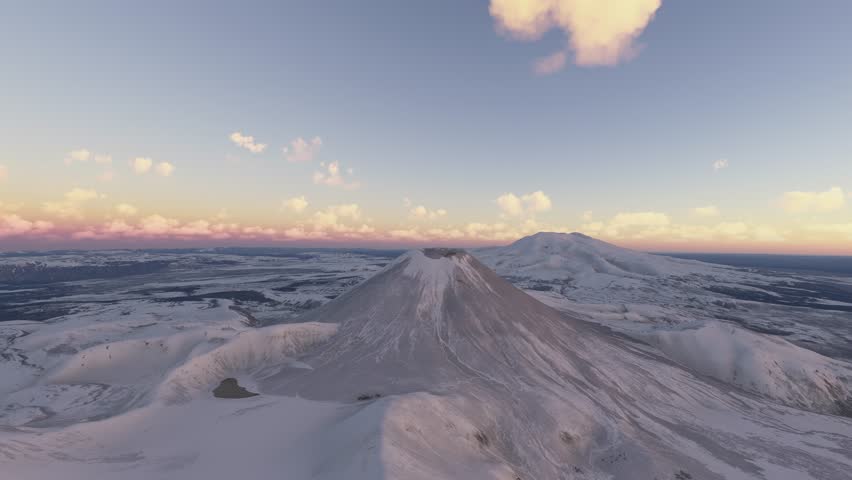 3D - Sunset aerial view of the snow at Mt Tongariro in North Island. New Zealand