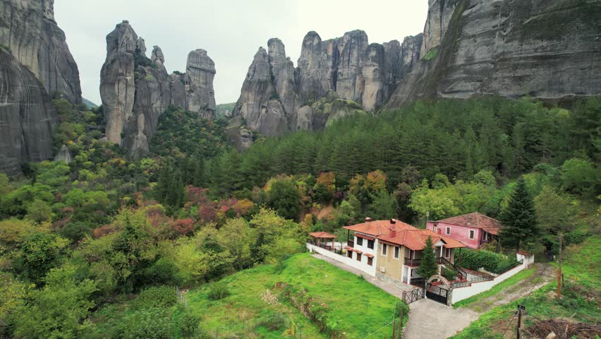 Monumental Cliffs Meteora, Greece 4K Drone Footage. Massive Vertical Rock Formations in Morning Light. Kastraki village in Greece.