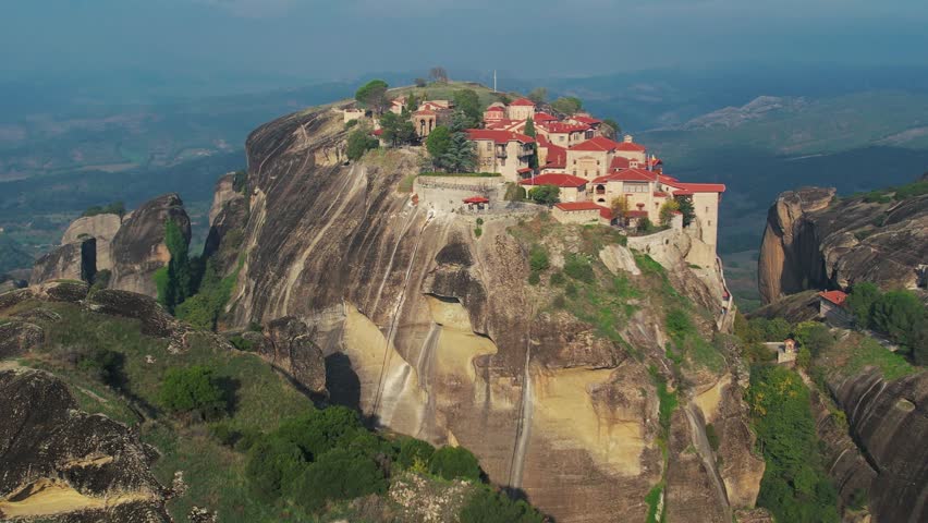 Great Meteora Monastery 4K. Aerial Drone Panorama of Monasteries and Mountains. Top Greek Destination Meteora. Megalo Meteoro background.