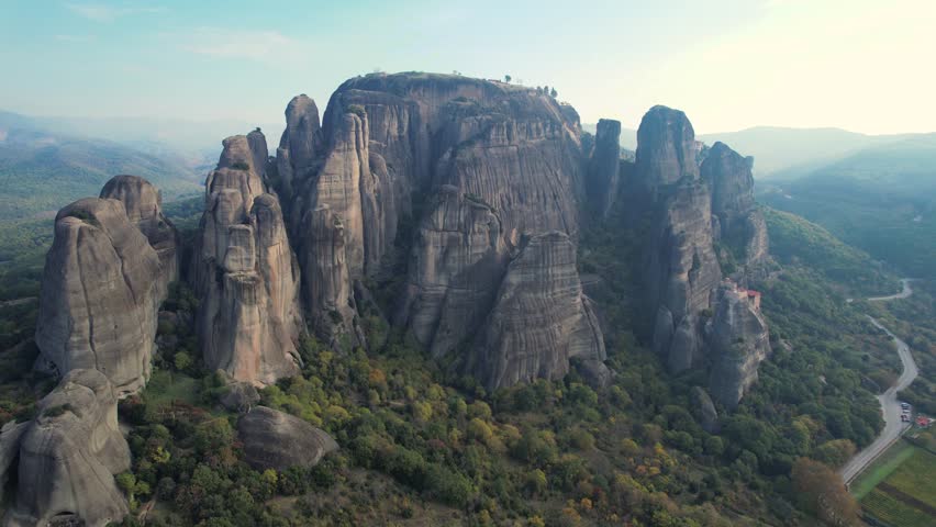 Drone View of Meteora Rock Formations. Dramatic Rock Pillars in Greece, 4K Footage.