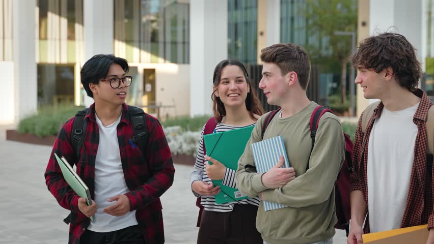 Group of University Students Walking after classes Holding Books And Laughing