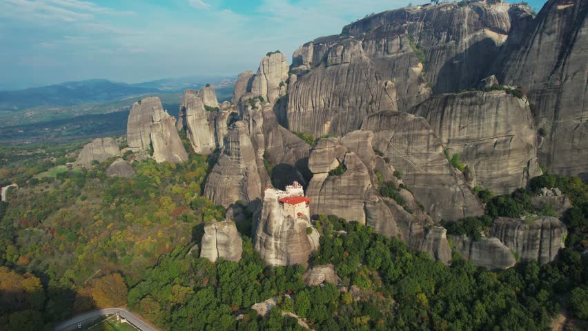 Famous Meteora Monasteries from Above. Greek Heritage Monasteries and Stunning Rock Towers.
