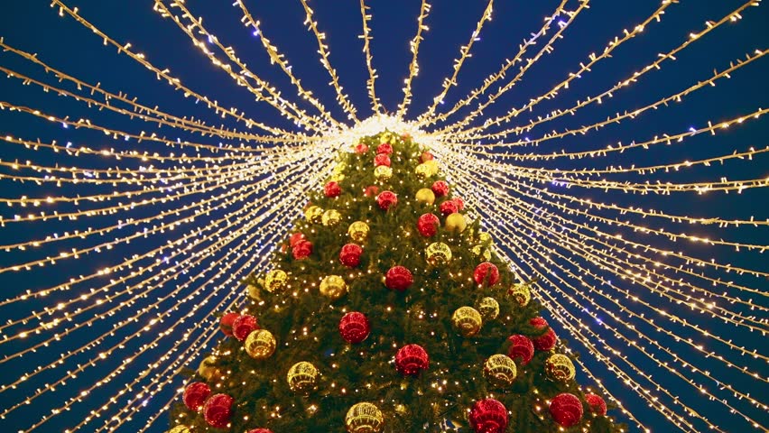 Tall christmas tree decorated with red and gold baubles, surrounded by radiant fairy lights extending outward against dark evening sky. Festive and magical holiday atmosphere