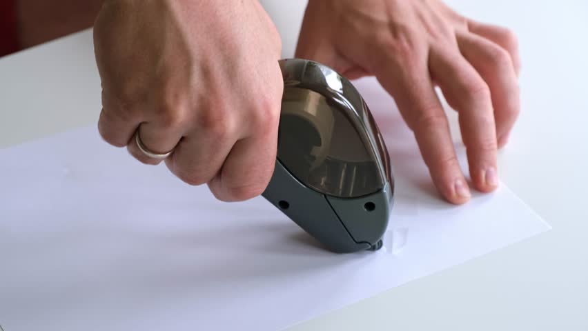 Using a scotch dispenser. Sticking tape on a piece of paper. Training in the use of stationery. Pieces of scotch tape. Working male's hands close-up. High quality 4K footage.