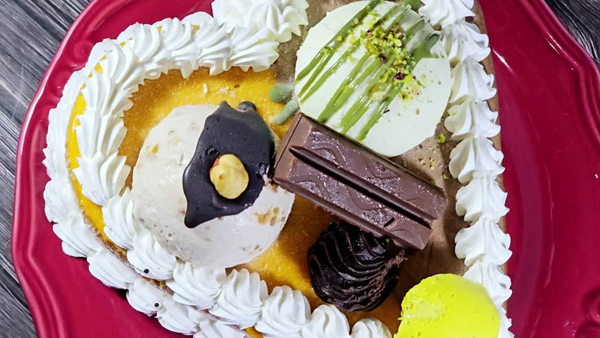 Ice cream cake of assorted and various flavors with a sponge cake layer within ice cream and whipped cream, Ice cream of mango, vanilla and chocolate, with pistachio ball and sauce and hazelnut ball
