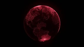 Red glowing digital Earth rotating in darkness, formed by shimmering particles that outline continents. Ideal for tech, global networks, data and futuristic themes. - Powered by Shutterstock - Get 15% off with code: PIKWIZARD15