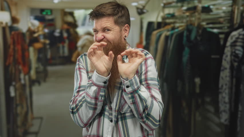 Man with red beard and plaid shirt reaches out hands among dense clothing racks in a store; rejection unease.