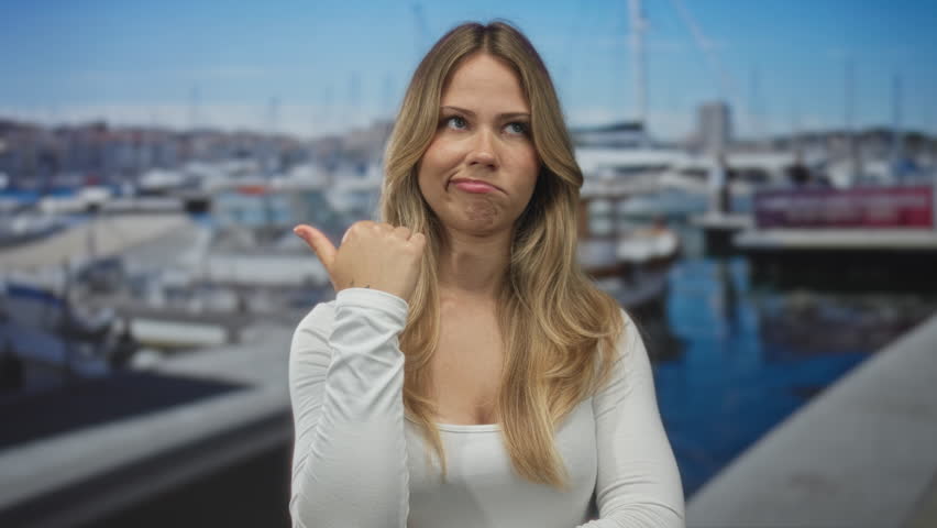 Woman with long blonde hair in white top pointing bare thumb toward docked sailboat at sunny port; indecision hesitation.