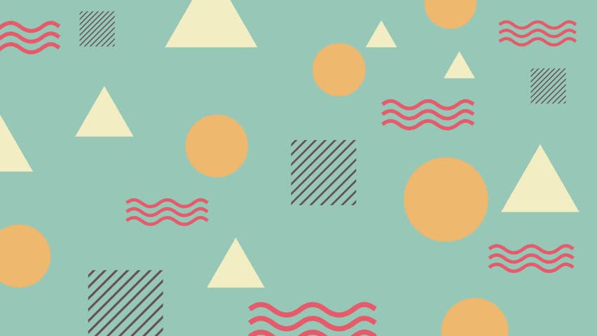 4K Retro Memphis Style Geometric Pattern Background. Retro 80s–90s aesthetic for presentations, social media, ads, and trendy video projects. Computer generated.