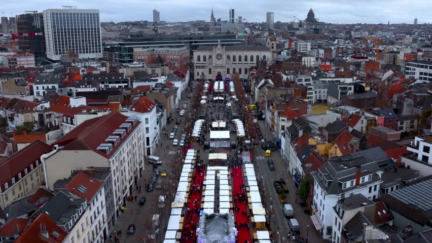 Elevated view of the city scape of Brussels, Belgium, with the Christmas Market at the Vismarkt square