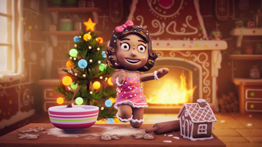Christmas 3D Animation – Adorable Gingerbread Girl in Cozy Festive Kitchen with Candy Decor, Baking Tools, and Glowing Fireplace. Perfect for Holiday Cards, Winter Scenes, and New Year Celebrations.