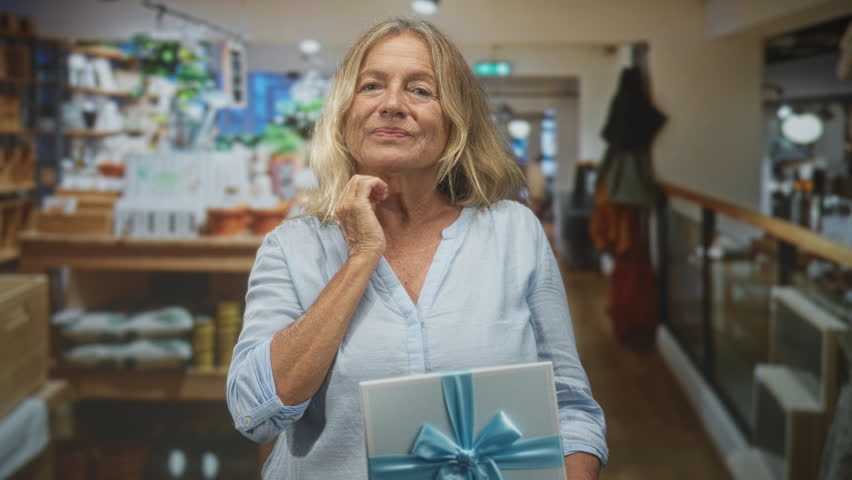Woman with blonde hair holding wrapped gift box with blue ribbon, hand to chin thoughtful gesture in building store aisle; nostalgia memory.