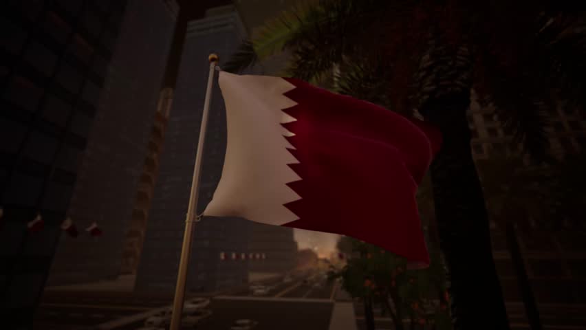 Qatar national flag waving at sunset with warm golden light reflecting across buildings, palm trees and city streets in an urban setting. As the sun dips below the horizon, the maroon hue of the standard deepens, taking on a rich, velvet-like appearance that contrasts beautifully with the fading light. The serrated division between white and red catches the last rays of the day, creating a dynamic visual interplay of shadow and illumination. This specific time of day, often called the golden hour, softens the harsh lines of the surrounding skyscrapers, turning the glass facades of Doha into shimmering mirrors of amber and orange. The fabric undulates slowly, suggesting a calming evening breeze sweeping in from the nearby harbor. This visual metaphor perfectly encapsulates the peaceful transition of power and the stability of the Emirate. In the distance, the silhouette of the Museum of Islamic Art might be imagined, grounding the modern scene in cultural depth. The heavy textile moves with grace, its folds revealing the high-quality craftsmanship of the manufacturing. Streetlamps begin to flicker on, hinting at the vibrant nightlife soon to emerge in the Souq Waqif area. This footage is ideal for productions discussing the balance between oil-rich heritage and sustainable futures. The atmosphere is serene yet poignant, evoking feelings of pride and contemplation. As the emblem flows, it seems to salute the passing day and welcome the night, standing guard over the bustling municipality. The warm color palette makes this clip excellent for tourism campaigns inviting visitors to explore the peninsula during the cooler winter months. Every ripple tells a story of resilience, echoing the nation