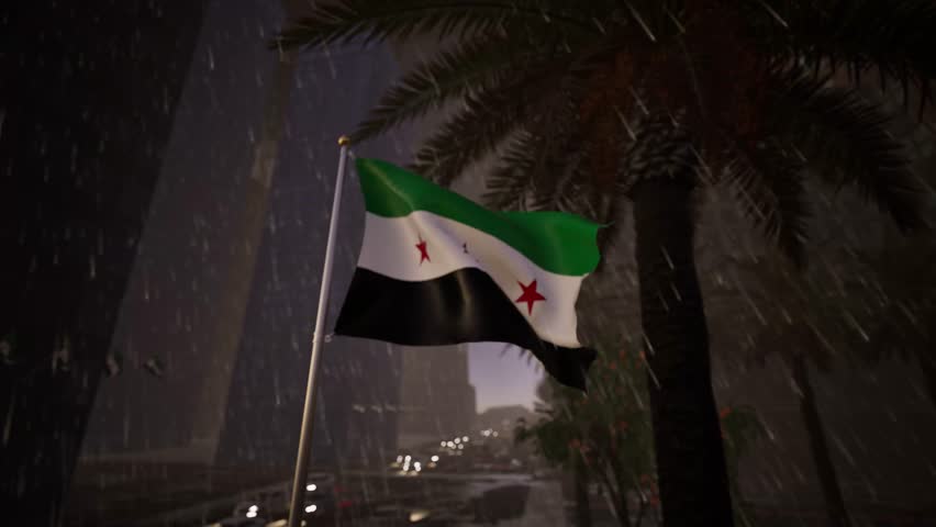 Syria national flag waving in heavy rainfall across a modern city street with wet reflective surfaces, palm trees and moving traffic. The atmosphere is moody and dramatic, with visible streaks of precipitation cutting through the frame. Water droplets accumulate on the water-resistant textile before sliding off due to the wind's force, showcasing the physics of the weather interaction. The tri-color standard appears slightly darker and more saturated due to the moisture. Below, the asphalt reflects the grey sky and the blurred shapes of passing vehicles, creating a mirror-like effect. This footage evokes themes of resilience, endurance, and steadfastness in the face of storms, making it a poignant choice for documentaries about the region's history or recovery. The green stars remain distinct against the wet white field. The background structures are softened by the mist and downpour, focusing attention on the ensign in the foreground. The sound of the storm is visually implied by the chaotic movement of the palm fronds and the heavy oscillation of the cloth. This clip offers a raw, realistic perspective of the Levant during the winter season. The banner does not droop but flies courageously, serving as a powerful visual metaphor for the state's perseverance. The interplay of liquid and fabric creates a unique texture that stands out among typical sunny stock options.
