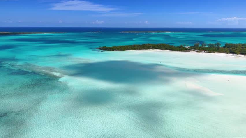 Aerial view of the north coast of Exuma island with Exuma Point Beach and sandbars in the cay, The Bahamas, Caribbean