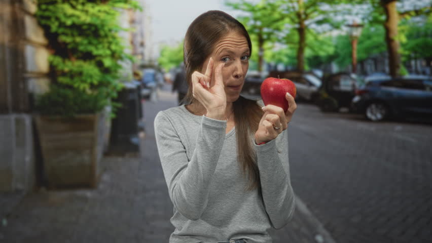 Woman holding red apple and pinching fingers to show small size on a city street with cars and trees; playful.
