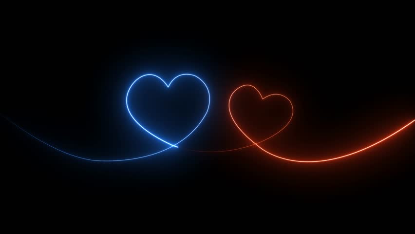 4k Magenta color neon glowing Two love hearts Valentine