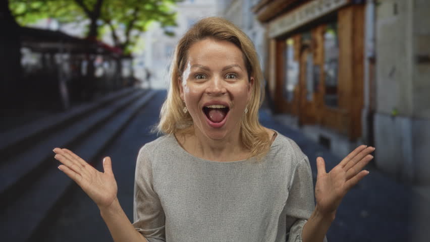 Blonde young woman covering open mouth with hands on public crowded street under bright sunlight; surprise.