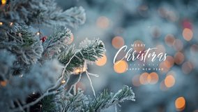 Merry Christmas and happy new year concept, Frosted pine branch with red berries and falling snow against warm Christmas bokeh lights, creating a festive winter holiday background perfect - Powered by Shutterstock - Get 15% off with code: PIKWIZARD15
