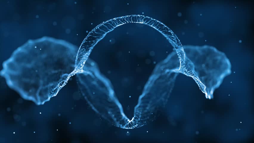 A futuristic blue energy arc made of thousands of glowing particles, forming a dynamic sci-fi wave pattern. Ideal for technology promos, scientific visuals, AI presentations, innovation backgrounds, a