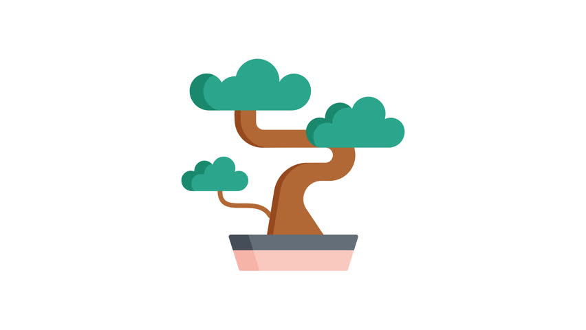 Bonsai – Flat 2D Stylized Bonsai Tree Animation Minimal Botanical Design, Transparent Background, 4k, high quality