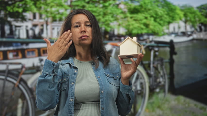 Woman holds small wooden house model with hand on forehead on street near canal and bicycle, denim shirt visible; concern mortgage.