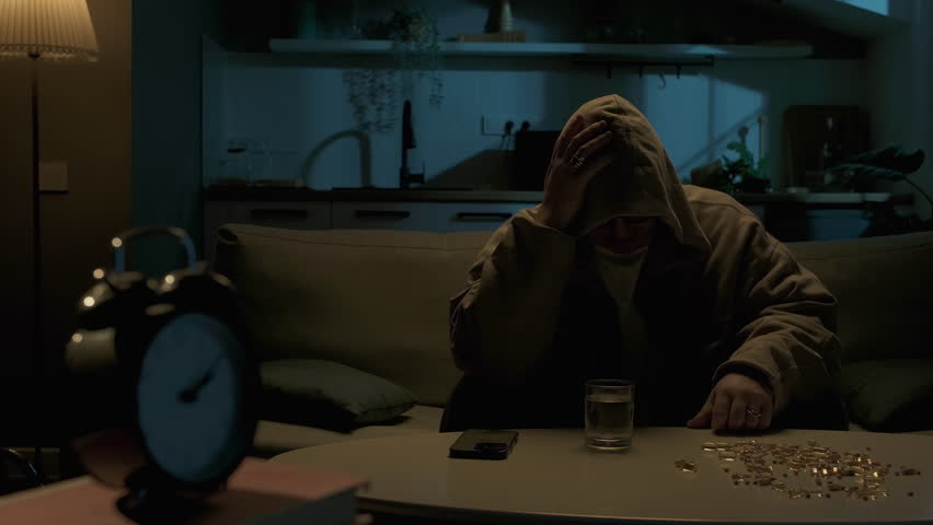 Drugs and addiction. Hooded man suffering from addiction, taking another pill at night. Dependence, isolation or psychological suspense