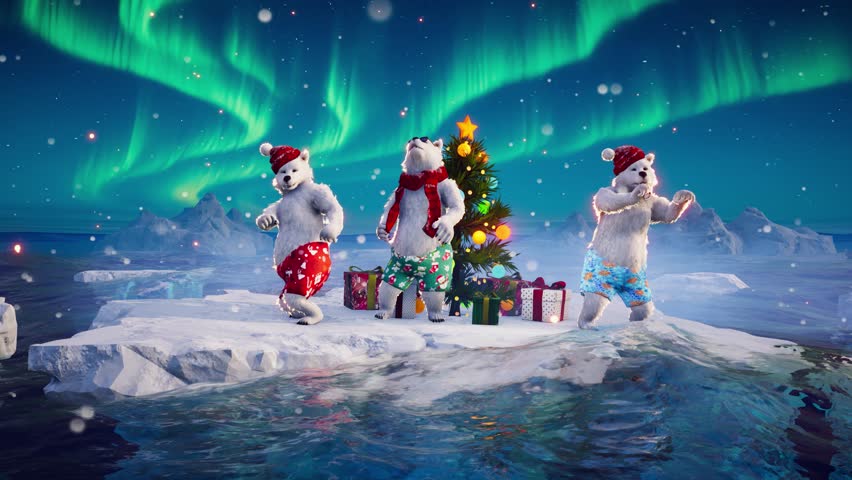 Christmas Party: Funny polar bears dance on an ice floe among icebergs at the North Pole. Animated 3D video for holiday events, greeting cards, and winter-themed content.