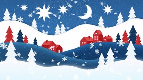 Cute animated winter village landscape with snowy hills, colorful pine trees, red houses and falling snow under a starry night sky with moon and decorative snowflakes - Powered by Shutterstock - Get 15% off with code: PIKWIZARD15