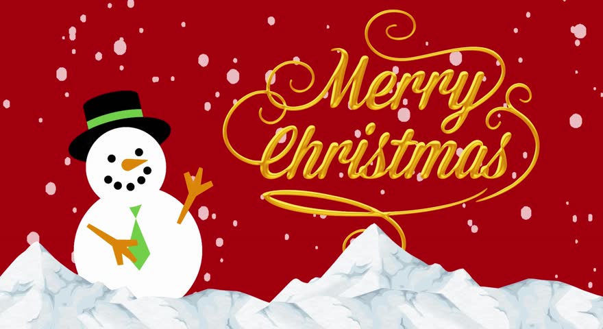 Animated style Christmas background vector with cute snowman character and "Merry Christmas" typography. Festive red background with snow falling, ideal for digital banners, cards, and kids