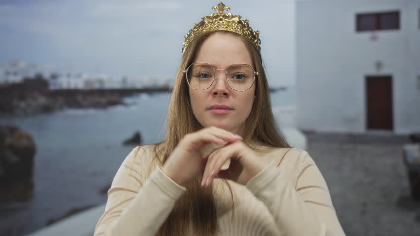 Young caucasian woman with gold crown raises hands in shrug gesture on seaside promenade overlooking waterfront; confusion.