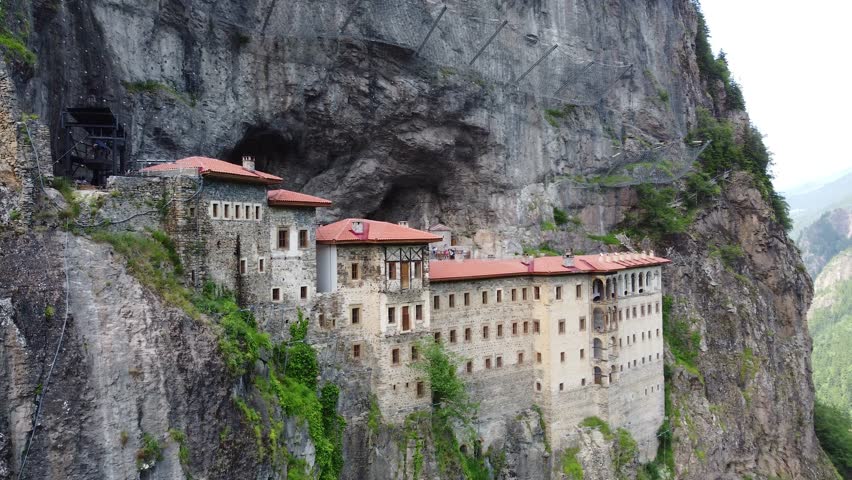 Aerial view of Sumela monastery in mountain landscape
