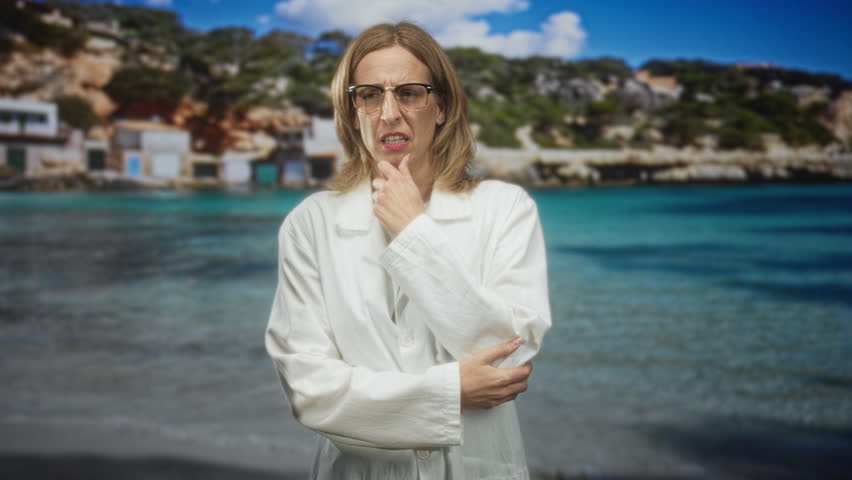 Woman doctor in white lab coat covers mouth yawning with hand, holding pens in pocket at a beach; fatigue workload healthcare.