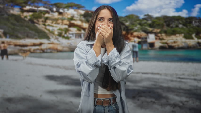 Woman with long hair and hands to mouth blowing a kiss, smiling in a white crop shirt and jeans on a sunny beach with cliffs and turquoise sea; playful joy.