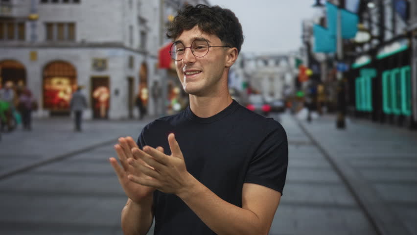 Young hispanic man clapping hands and smiling on a bustling street lined with shops and pedestrians; community connection amused.
