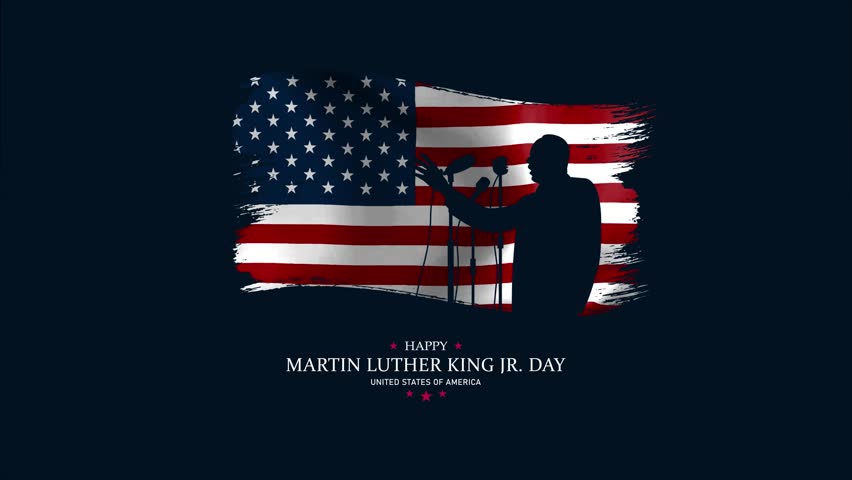 Celebrating MLK Day with waving American flag in the background. 4k patriotic typography animation of Martin Luther King Jr Day. Honoring the dream