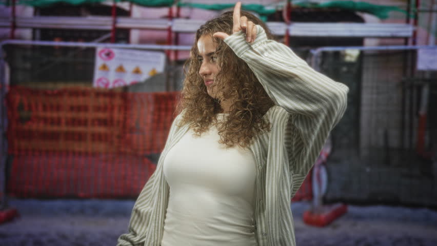 Woman curly hair smiling points finger to forehead by orange safety fence at street construction; confidence.